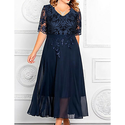 

A-Line Mother of the Bride Dress Elegant Plus Size V Neck Ankle Length Chiffon Sequined Half Sleeve with Appliques 2020