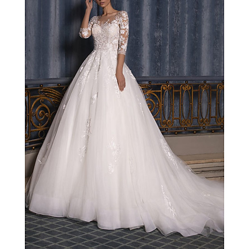 

Ball Gown Wedding Dresses Jewel Neck Court Train Lace Tulle 3/4 Length Sleeve Formal Illusion Sleeve with Appliques 2021