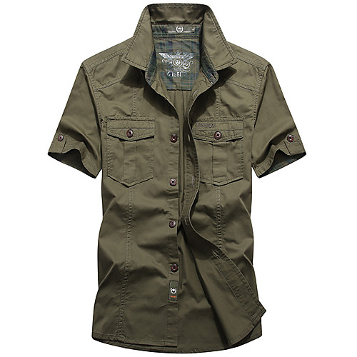 

Men's Hiking Shirt / Button Down Shirts Short Sleeve Shirt Top Outdoor Breathable Sweat wicking Skin Friendly Spring Summer Cotton Solid Color Light Green Army Green Khaki Hunting Fishing Beach