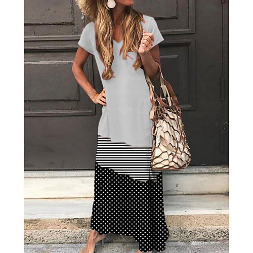 

Women's Shift Dress Maxi long Dress - Short Sleeves Polka Dot Stripes Summer Casual Daily Holiday Vacation 2020 Gray M L XL XXL XXXL