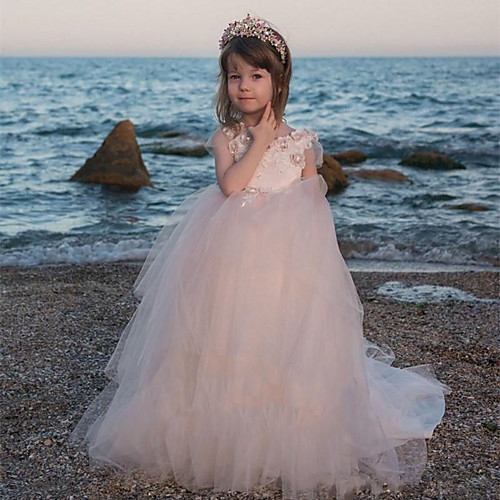 

Princess / Ball Gown Floor Length Wedding / Party Flower Girl Dresses - Satin / Tulle Sleeveless Jewel Neck with Tier / Appliques / Solid