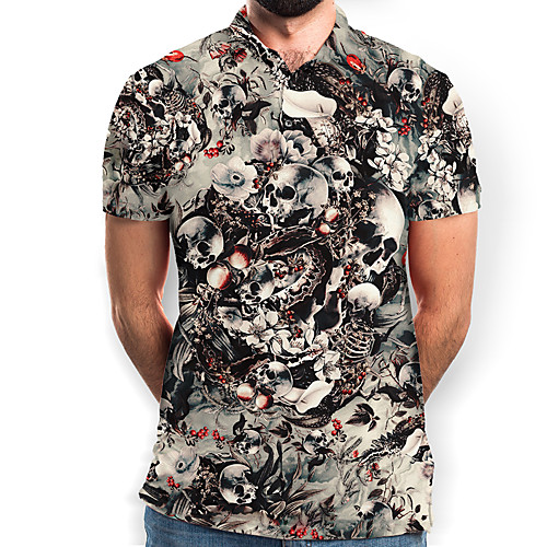 

Men's Graphic Skull Print Polo Basic Daily Black