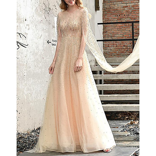 

A-Line Sparkle Elegant Engagement Formal Evening Dress Illusion Neck Sleeveless Floor Length Tulle with Pleats Beading 2021