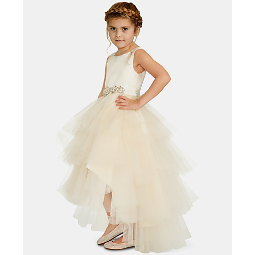 

Ball Gown Asymmetrical Wedding / Party Flower Girl Dresses - Satin / Tulle Sleeveless Jewel Neck with Pleats / Tier / Solid