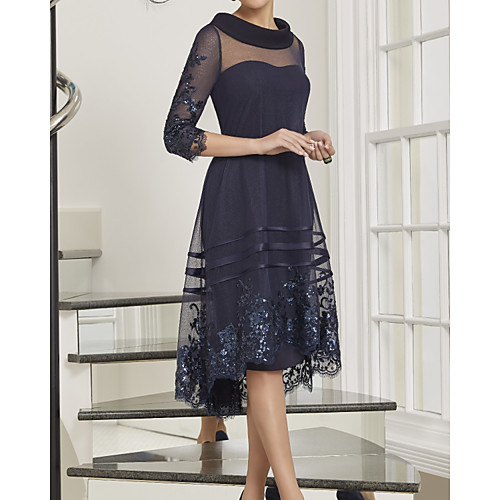 

A-Line Mother of the Bride Dress Elegant Jewel Neck Ankle Length Tulle 3/4 Length Sleeve with Appliques 2020