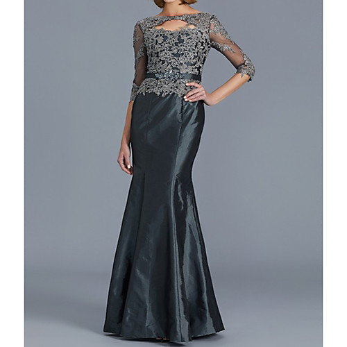 

Sheath / Column Mother of the Bride Dress Elegant Illusion Neck Floor Length Lace Satin Half Sleeve with Appliques 2020