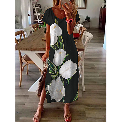 

Women's Shift Dress Midi Dress - Short Sleeves Floral Print Summer Casual Daily 2020 Black M L XL XXL XXXL