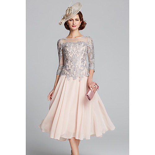 

A-Line Mother of the Bride Dress Sexy Plus Size Jewel Neck Tea Length Chiffon Lace 3/4 Length Sleeve with Beading 2020