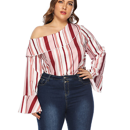 

Women's Tops Striped Blouse One Shoulder Daily Blushing Pink L XL 2XL 3XL 4XL