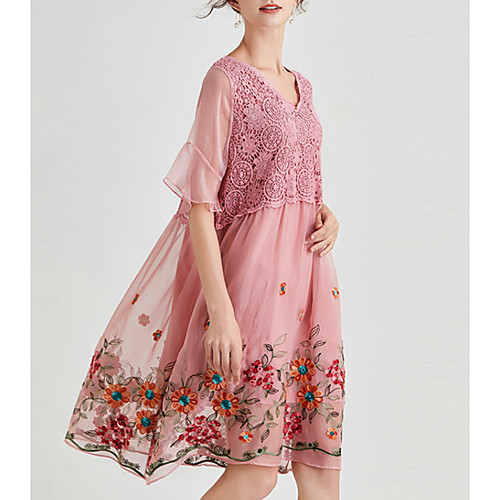 

Women's Chiffon Dress Knee Length Dress - Short Sleeves Print Summer Casual Chinoiserie 2020 Black Blushing Pink Khaki XL XXL XXXL