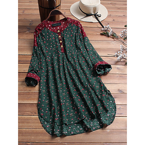 

Women's Blouse Floral Tops - Print Standing Collar Loose Cotton Basic Daily Spring Fall Blue Red Green M L XL 2XL 3XL