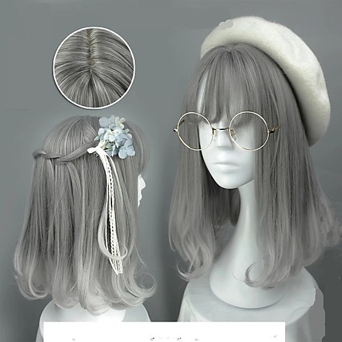 

Cosplay Wig Lolita Straight Cosplay Halloween With Bangs Wig Medium Length Grey Synthetic Hair 18 inch Women's Anime Cute Cosplay Gray