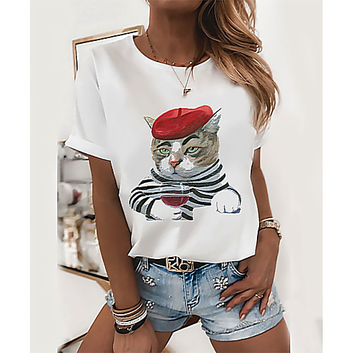 

Women's Tops Graphic T-shirt - Print Round Neck Basic Daily Spring Summer White XS S M L XL 2XL 3XL 4XL