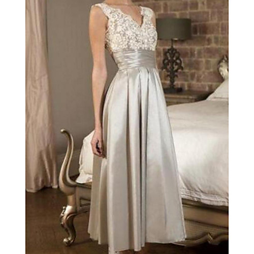 

A-Line Mother of the Bride Dress Elegant Vintage V Neck Ankle Length Lace Satin Sleeveless with Pleats Embroidery 2021