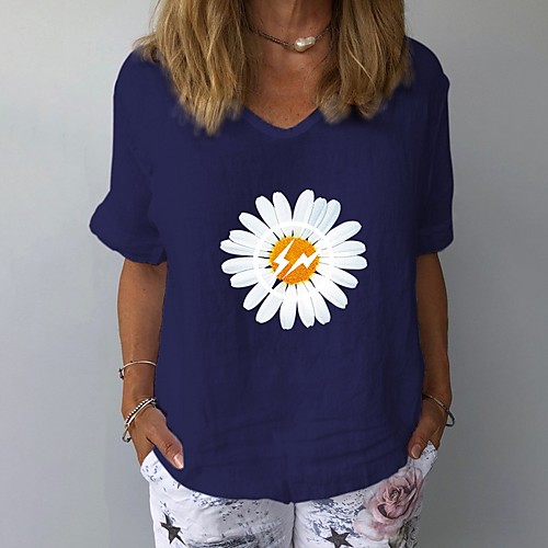 

Women's T-shirt Floral Tops V Neck Daily Summer White Yellow Navy Blue Gray Light Blue S M L XL 2XL 3XL