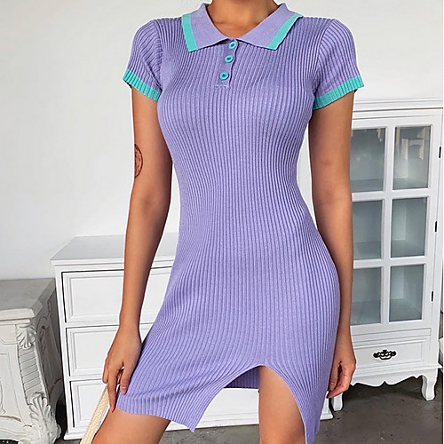 

Women's Sheath Dress Short Mini Dress - Short Sleeves Solid Color Summer Work 2020 Purple One-Size