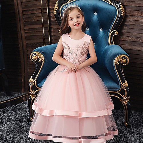 

Princess / Ball Gown Floor Length Wedding / Party Flower Girl Dresses - Tulle Sleeveless Jewel Neck with Bow(s) / Appliques / Cascading Ruffles