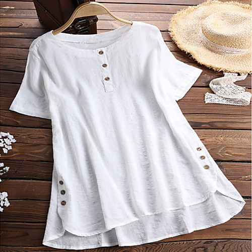 

Women's Blouse Shirt Solid Colored Round Neck Tops Cotton Basic Top White Blue Wine