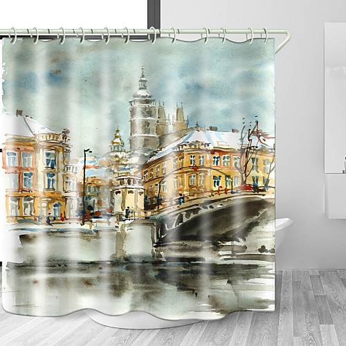 

Watercolor Painting City Digital Print Waterproof Fabric Shower Curtain for Bathroom Home Decor Covered Bathtub Curtains Liner Includes with Hooks
