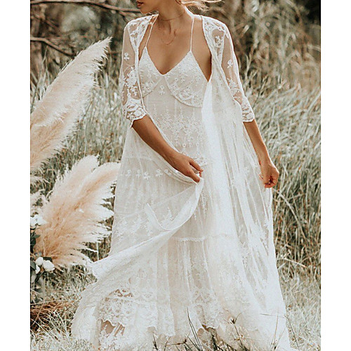

Two Piece A-Line Wedding Dresses Spaghetti Strap Sweep / Brush Train Lace Sleeveless Boho with Embroidery 2020