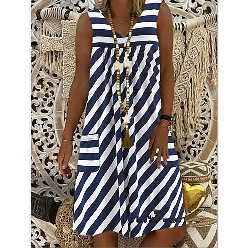

Women's A-Line Dress Knee Length Dress - Sleeveless Striped Summer Casual Chinoiserie 2020 Wine Blue Purple Green S M L XL XXL XXXL XXXXL XXXXXL