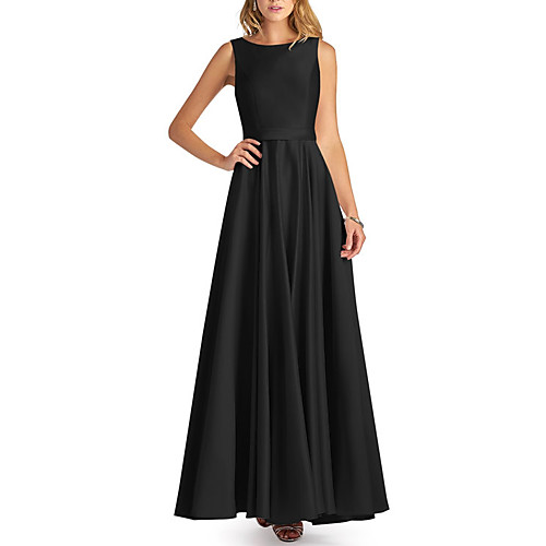 

A-Line Jewel Neck Floor Length Satin Bridesmaid Dress with Pleats