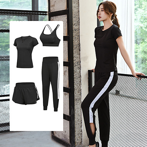 

Women's Side-Stripe Mesh Mesh Tracksuit Activewear Set Workout Outfits 4pcs Round Running Fitness Jogging Breathable Quick Dry Soft Sportswear Athletic Clothing Set Short Sleeve Activewear Stretchy