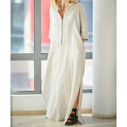 

Women's Shift Dress Maxi long Dress White Black Orange Khaki 3/4 Length Sleeve Solid Color Summer V Neck Hot Casual 2021 L XL XXL 3XL 4XL 5XL