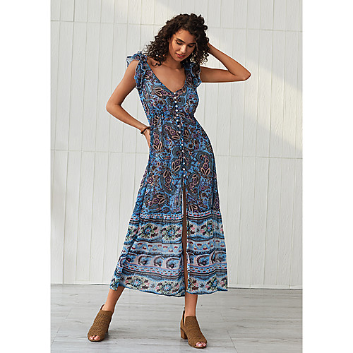 

Women's Swing Dress Maxi long Dress - Sleeveless Floral Print Ruffle Button Summer Elegant 2020 Blue XS S M L XL