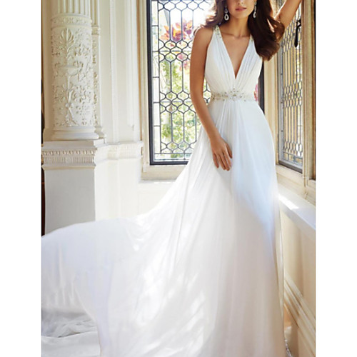 

A-Line Wedding Dresses V Neck Sweep / Brush Train Chiffon Sleeveless Simple with Ruched Beading 2020
