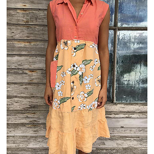 

Women's A-Line Dress Midi Dress - Sleeveless Floral Summer Work 2020 Yellow Orange S M L XL