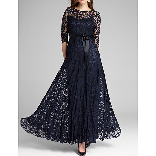 

A-Line Mother of the Bride Dress Elegant Jewel Neck Floor Length Lace Half Sleeve with Sash / Ribbon Pleats 2020