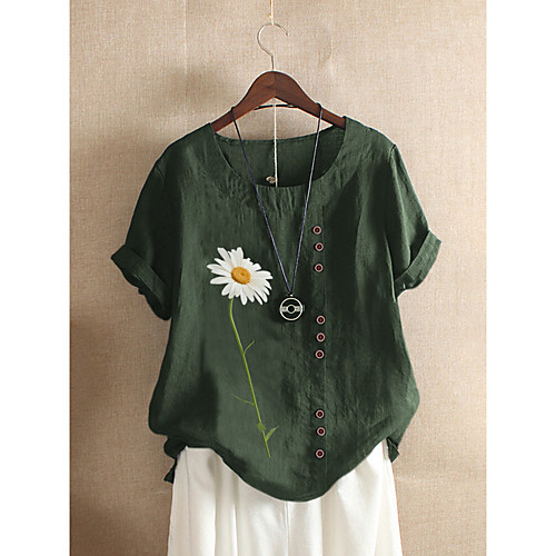 

Women's Tops Floral Daisy Blouse - Print Round Neck Basic Daily Summer Army Green Navy Blue M L XL 2XL 3XL 4XL 5XL