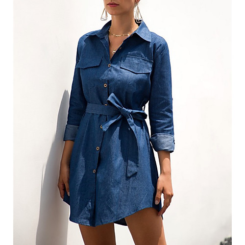

Women's A-Line Dress Short Mini Dress - Long Sleeve Solid Color Summer Casual 2020 Blue Light Blue S M L XL