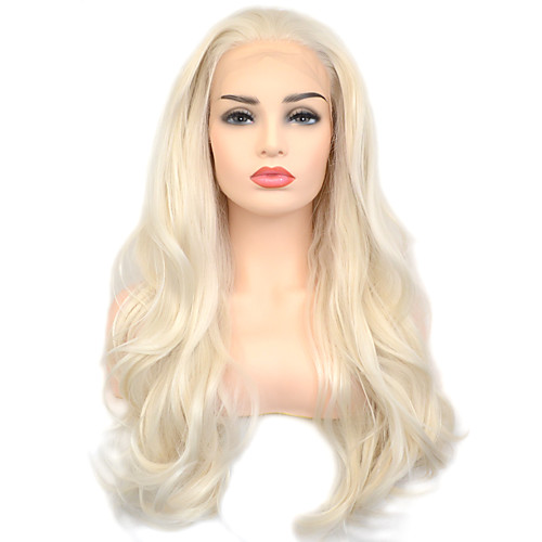 

Vogue Queen Platinum Blonde Long Natural Wave Synthetic Lace Front Wig High Quality Heat Resistant Fiber Daily Wearing For Women