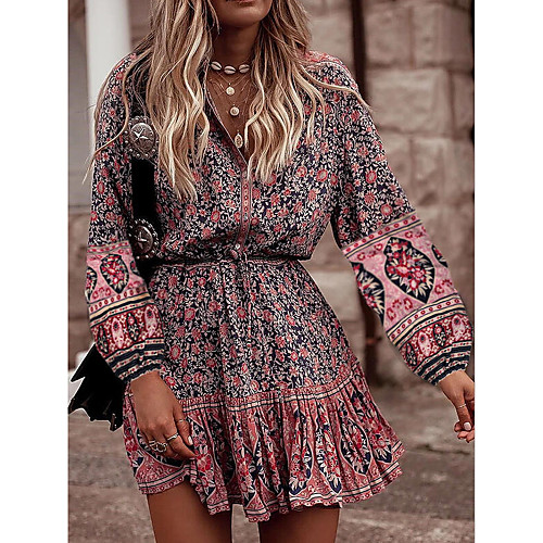 

Women's A-Line Dress Short Mini Dress - Long Sleeve Print Fall Casual Mumu 2020 Blushing Pink S M L XL