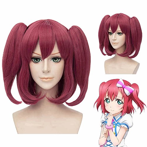 

Cosplay Wig Ruby Kurosawa Love Live Curly Cosplay With 2 Ponytails With Bangs Wig Short Burgundy Synthetic Hair 14 inch Women's Anime Cosplay Lovely Burgundy