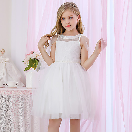

Princess / Two Piece / Ball Gown Medium Length Wedding / Event / Party Flower Girl Dresses - Lace / Satin / Tulle Sleeveless Jewel Neck with Pearls / Beading / Solid