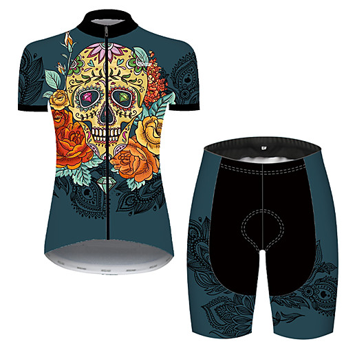 

21Grams Women's Short Sleeve Cycling Jersey with Shorts Green / Yellow Skull Bike Breathable Sports Patterned Mountain Bike MTB Road Bike Cycling Clothing Apparel / Stretchy