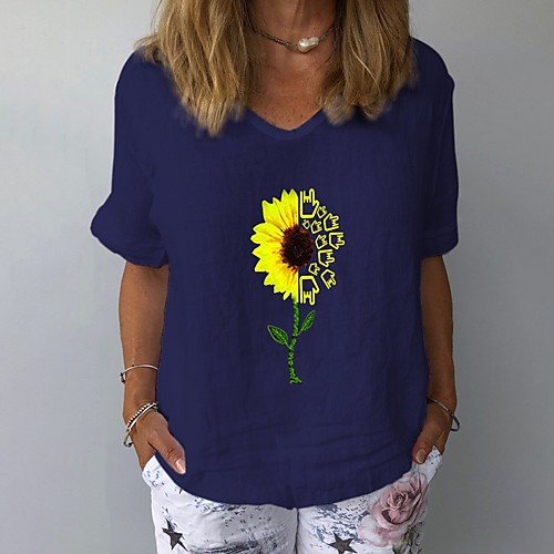 

Women's T-shirt Floral Tops V Neck Daily Summer White Yellow Navy Blue S M L XL 2XL 3XL