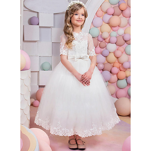 

A-Line Floor Length Party / Wedding Flower Girl Dresses - Lace / Satin / Tulle Short Sleeve Jewel Neck with Bow(s) / Appliques / Solid