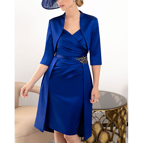 

Two Piece Sheath / Column Mother of the Bride Dress Elegant V Neck Knee Length Satin Half Sleeve with Crystals Ruching 2021