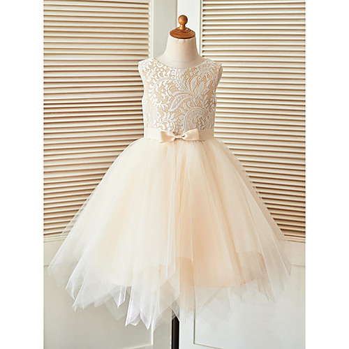 

A-Line Knee Length Pageant Flower Girl Dresses - Lace / Tulle Sleeveless Scoop Neck with Sash / Ribbon