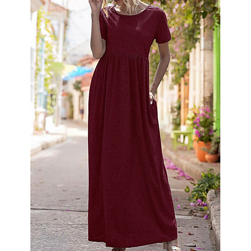 

Women's A-Line Dress Maxi long Dress - Short Sleeves Solid Color Summer Work 2020 Wine Black Blue Dusty Blue Gray S M L XL XXL