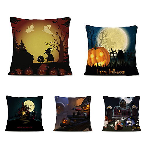 

Halloween Party Halloween Decor Horror Ghost Set of 5 Halloween Party Linen Square Decorative Throw Pillow Cases Sofa Cushion Covers 18x18