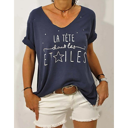 

Women's T shirt Letter Round Neck Tops Cotton Basic Top Blue Red Yellow