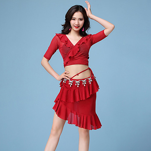 

Belly Dance Skirts Cascading Ruffles Ruching Bandage Women's Training Performance Half Sleeve Natural Nylon