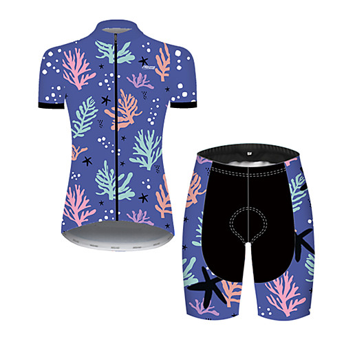 

21Grams Women's Short Sleeve Cycling Jersey with Shorts Nylon Polyester Black / Blue Leaf Floral Botanical Bike Clothing Suit Breathable 3D Pad Quick Dry Ultraviolet Resistant Reflective Strips Sports