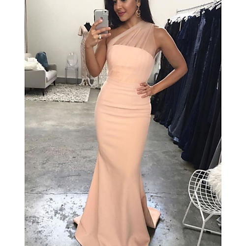 

Sheath / Column One Shoulder Floor Length Spandex Bridesmaid Dress with Ruching