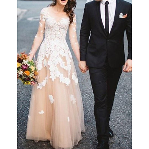 

A-Line Wedding Dresses Jewel Neck Sweep / Brush Train Lace Tulle Long Sleeve Formal See-Through with Embroidery Appliques 2020